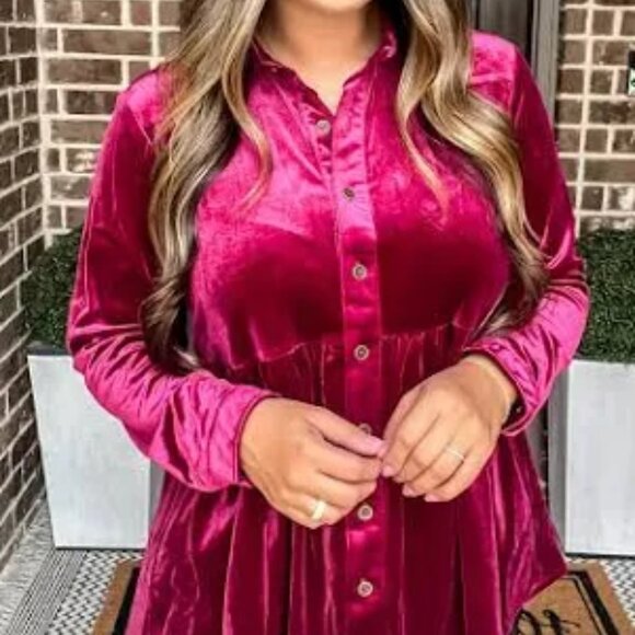 UMGEE Velvet Button Down Collared Tunic Top Ruby Pink Womans XL Long Sleeve - Picture 14 of 14
